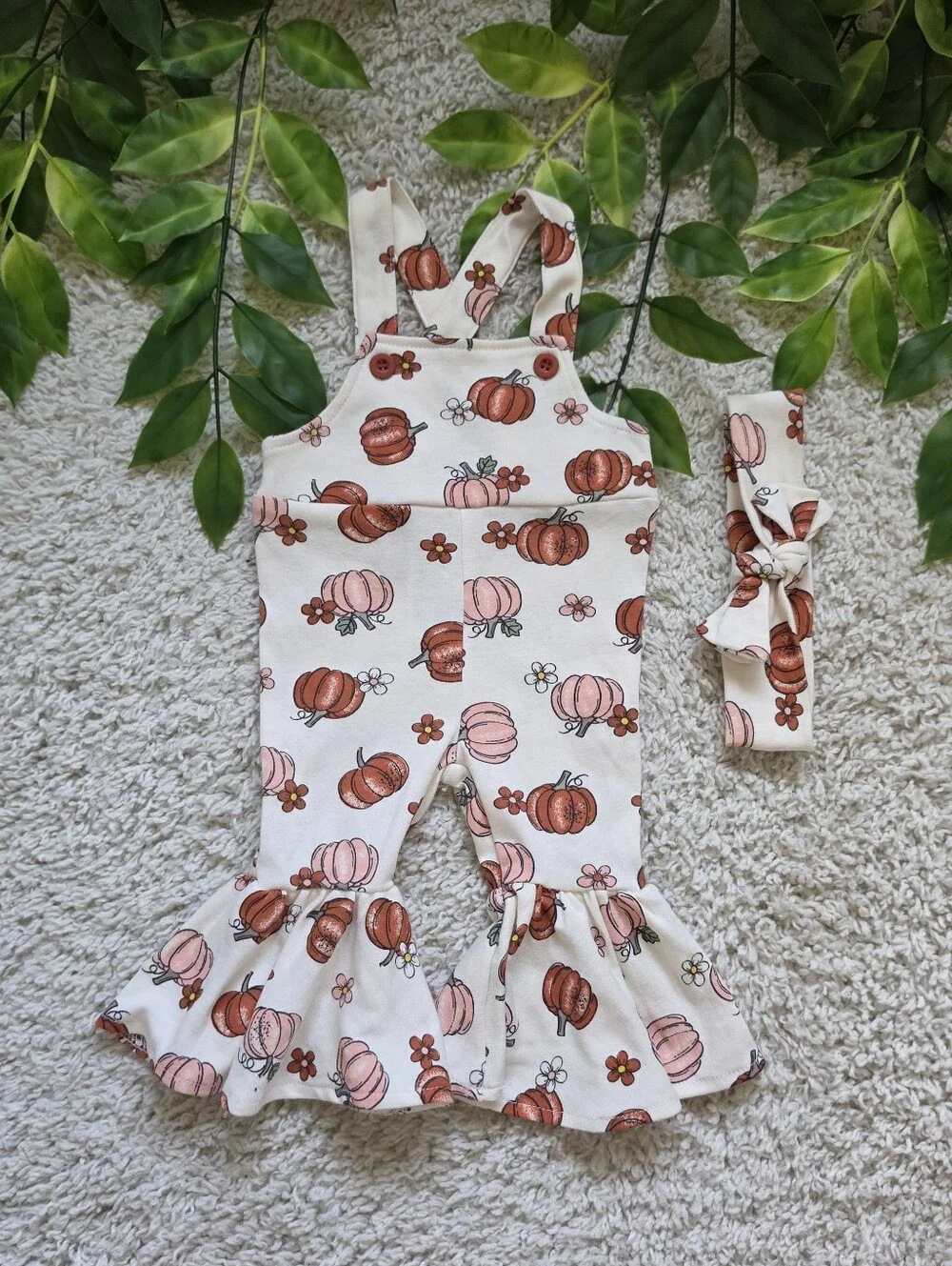 Baby Girl Pumpkin Ruffle Overalls + Headband (0-3 Months)
